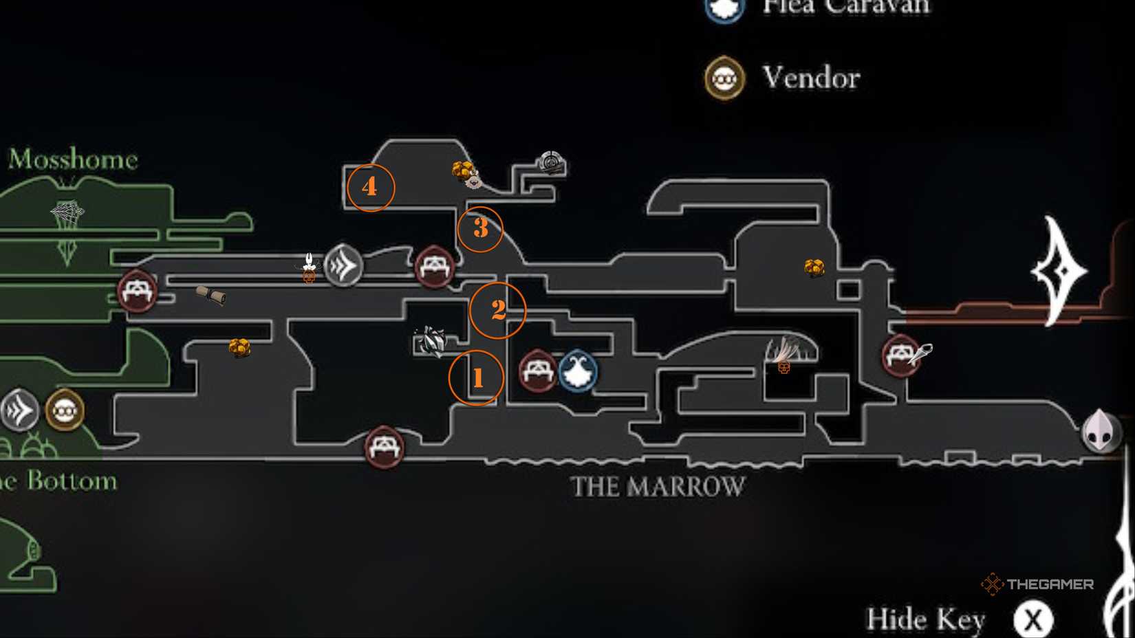 Numbers highlight the tracking residues on a map for the first flintstone in Hollow Knight: Silksong.