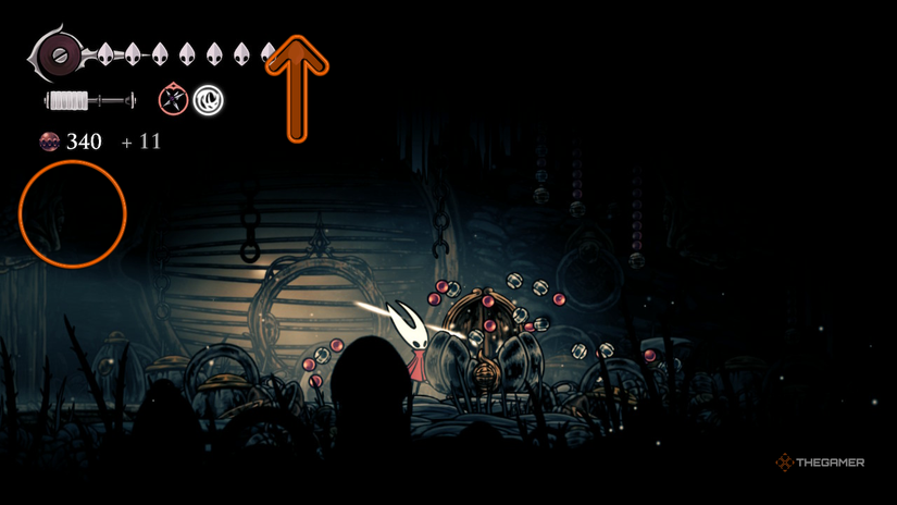 Circle and arrow show the hidden path in the rosary room to the First Sinner in Hollow Knight: Silksong.