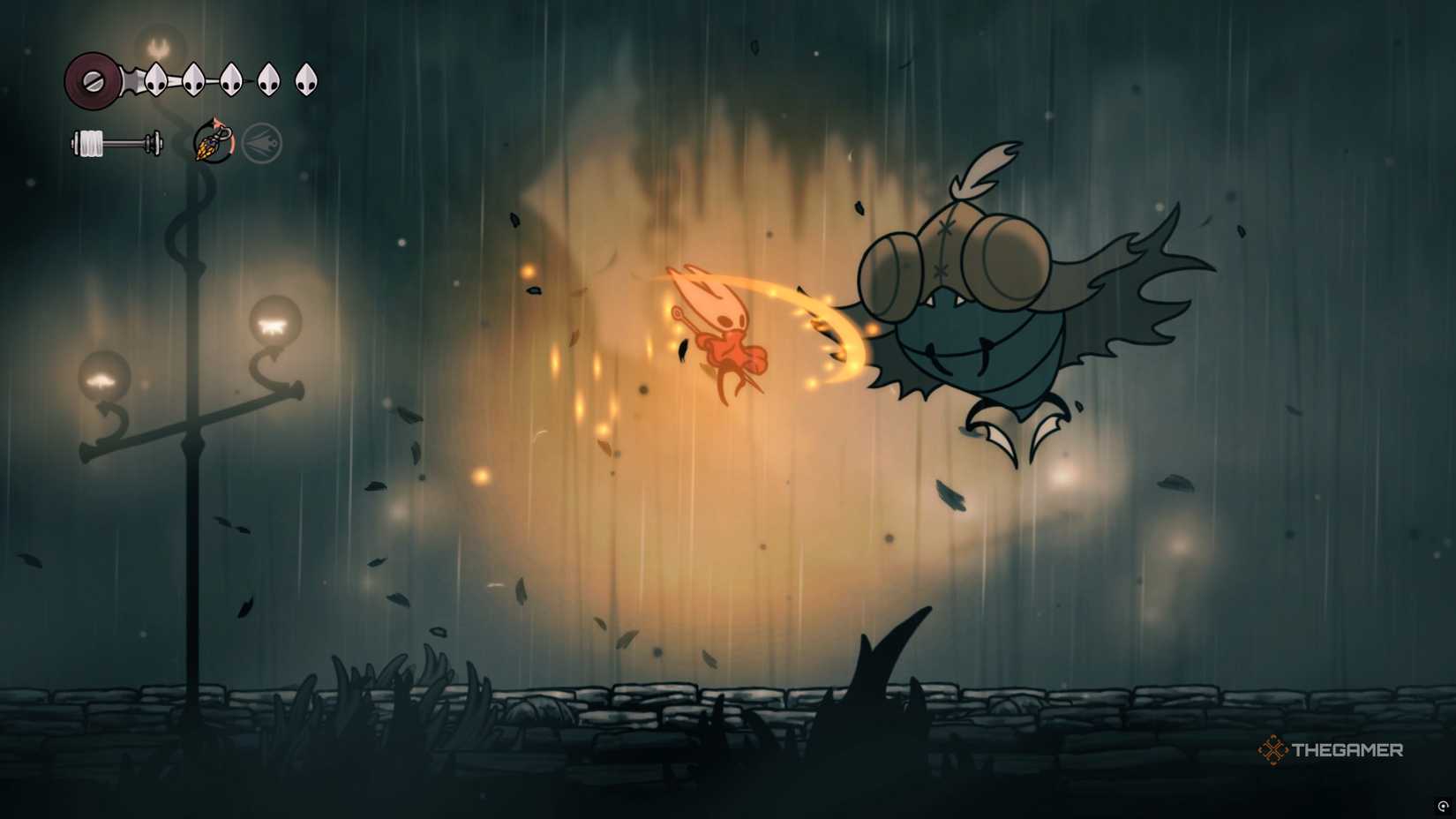 Hornet activating her Flintslate Tool, imbuing her needle in flame, allowing her to deal extra damage to the Moorwing boss in Hollow Knight: Silksong.