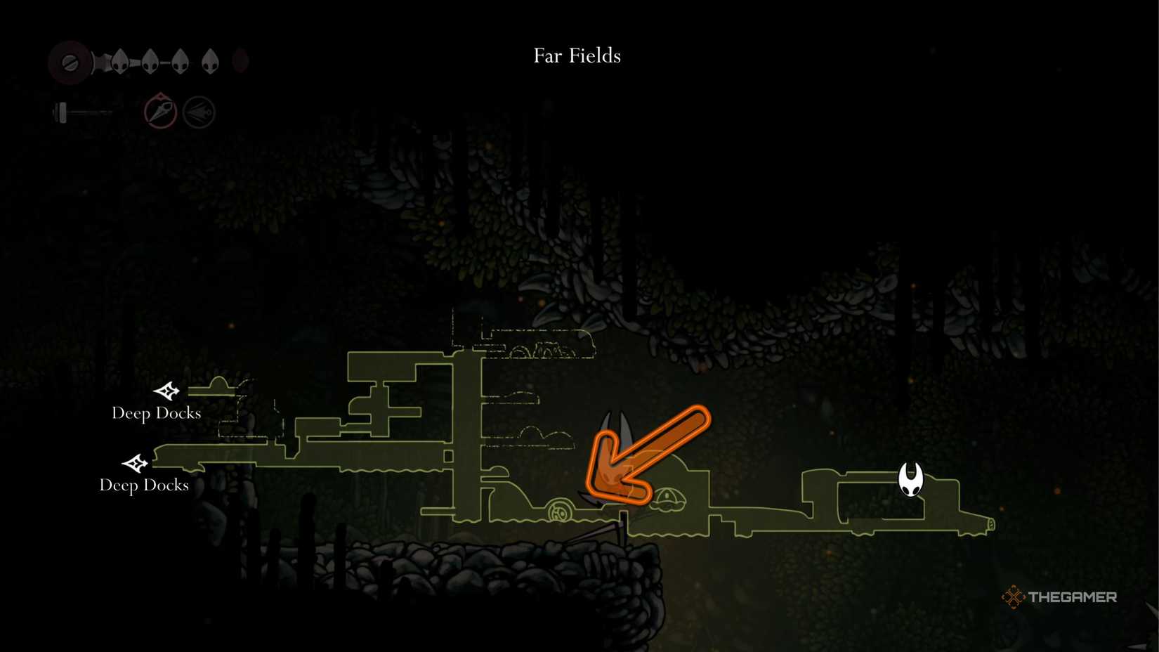 Hollow Knight Silksong Fourth Chorus boss location on the map in far fields.