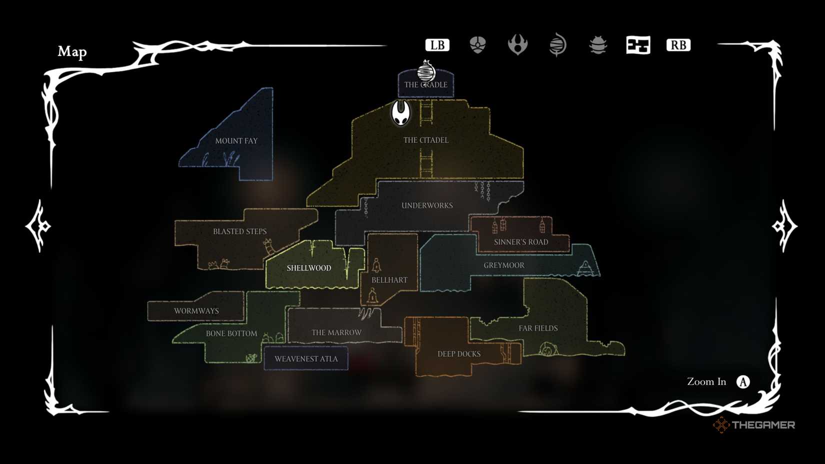 Hollow Knight Silksong fully zoomed out map.