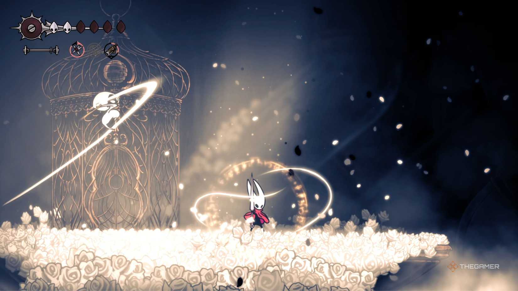 Hollow Knight Silksong healing while fighting Lace.