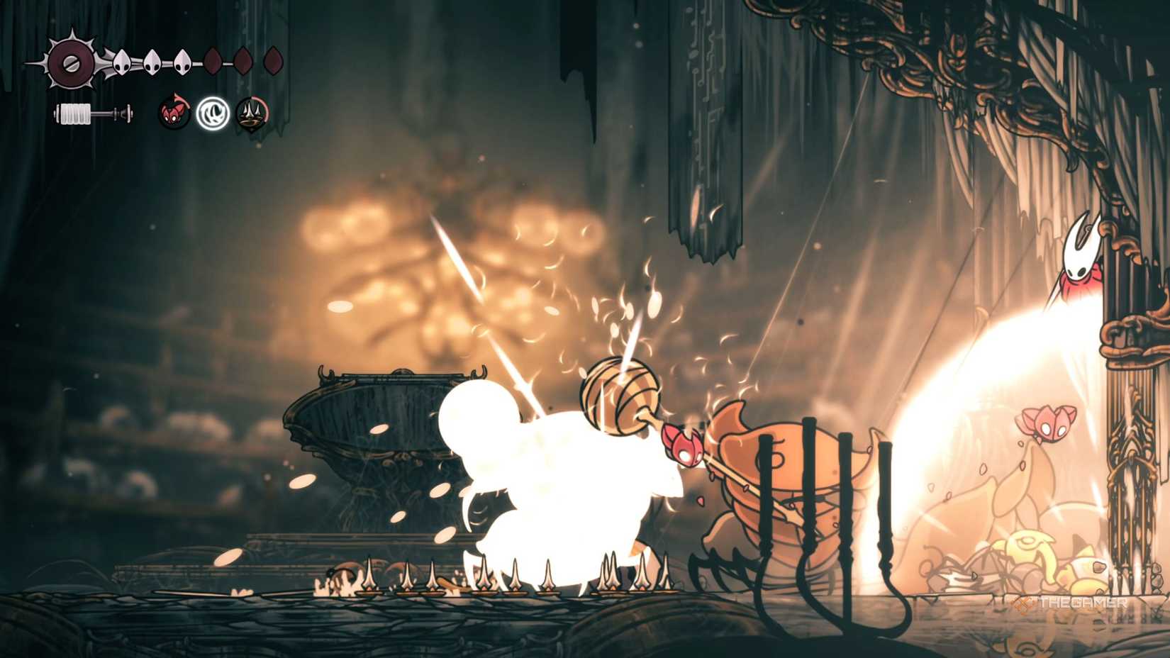 Hollow Knight Silksong High Halls fighting two Choir Clappers.
