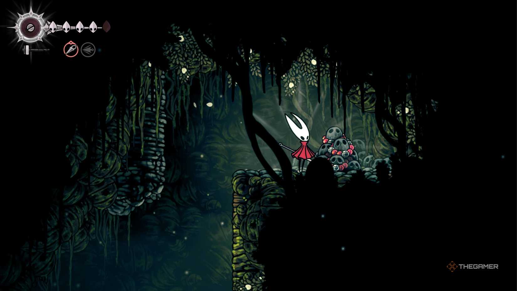 Hollow Knight Silksong Hornet standing near hidden Rosary.