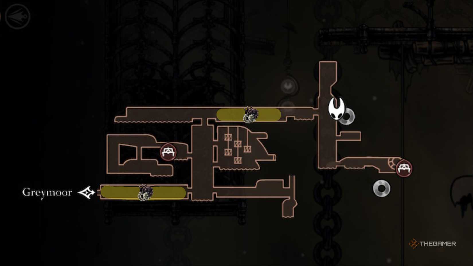 Map shows the best locations to farm roach guts on Sinner's Road in Hollow Knight: Silksong.