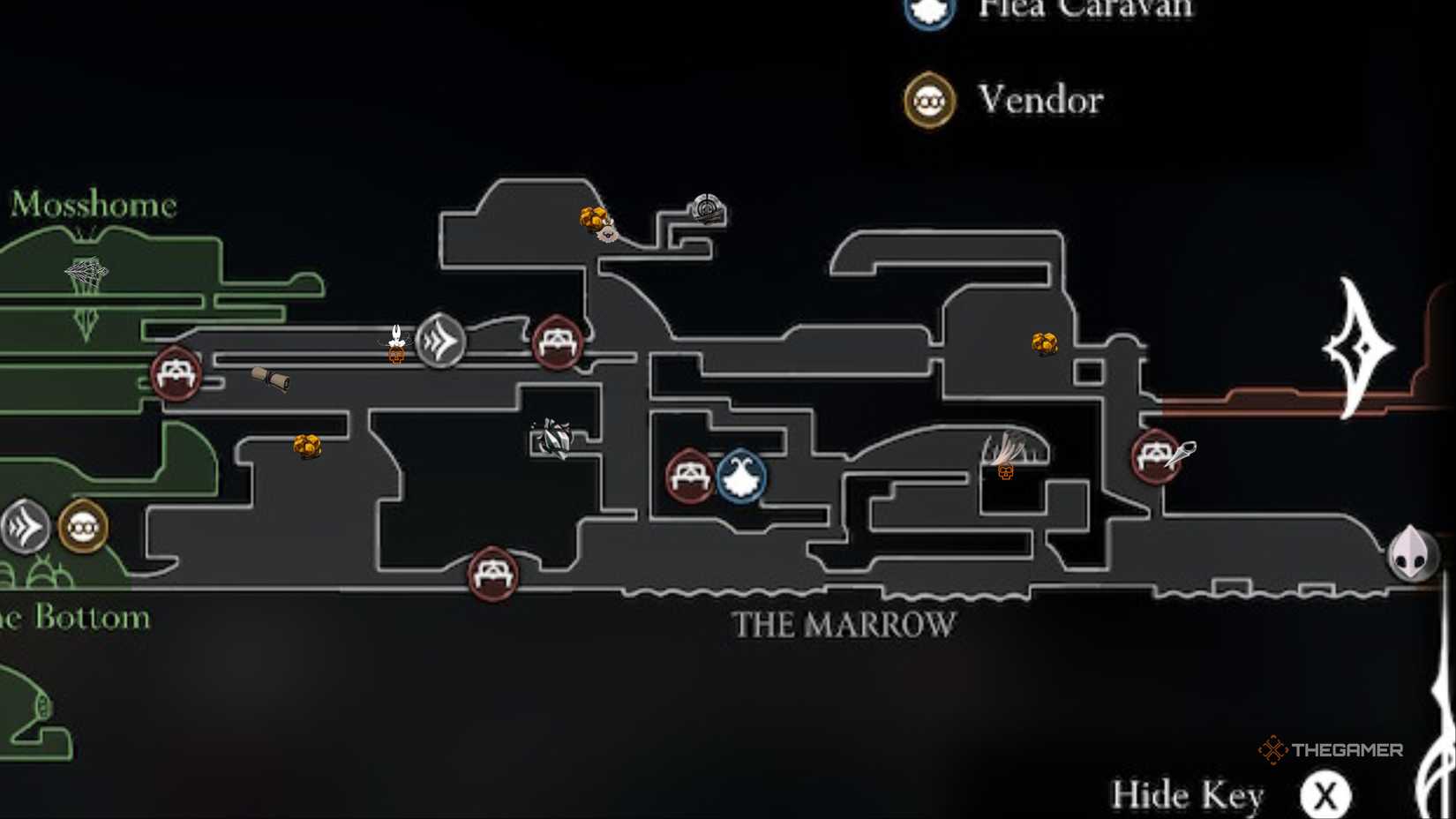 A map of The Marrow is marked with item locations in Hollow Knight Silksong.