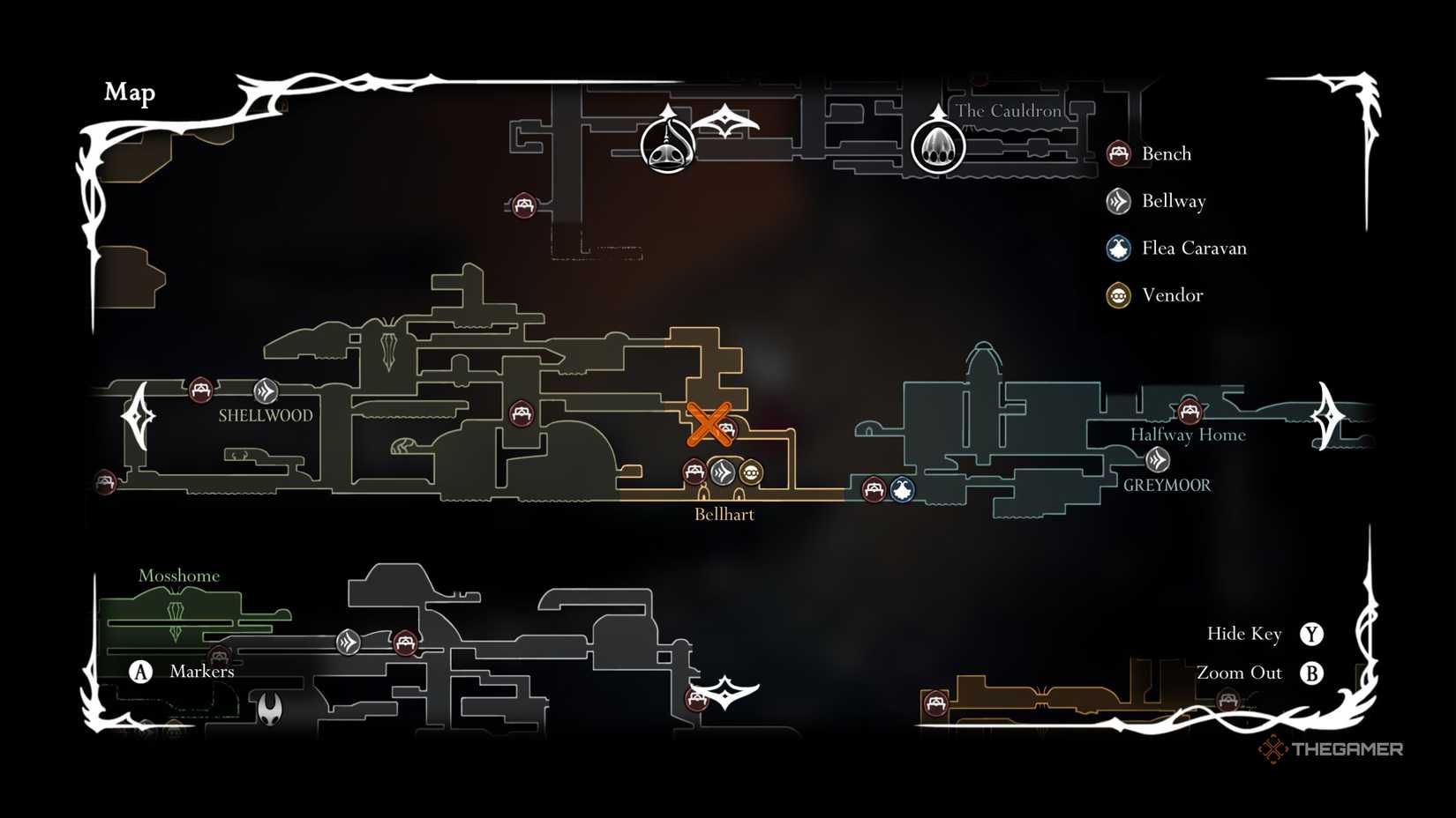 Hollow Knight Silksong marking widow's location on the map.
