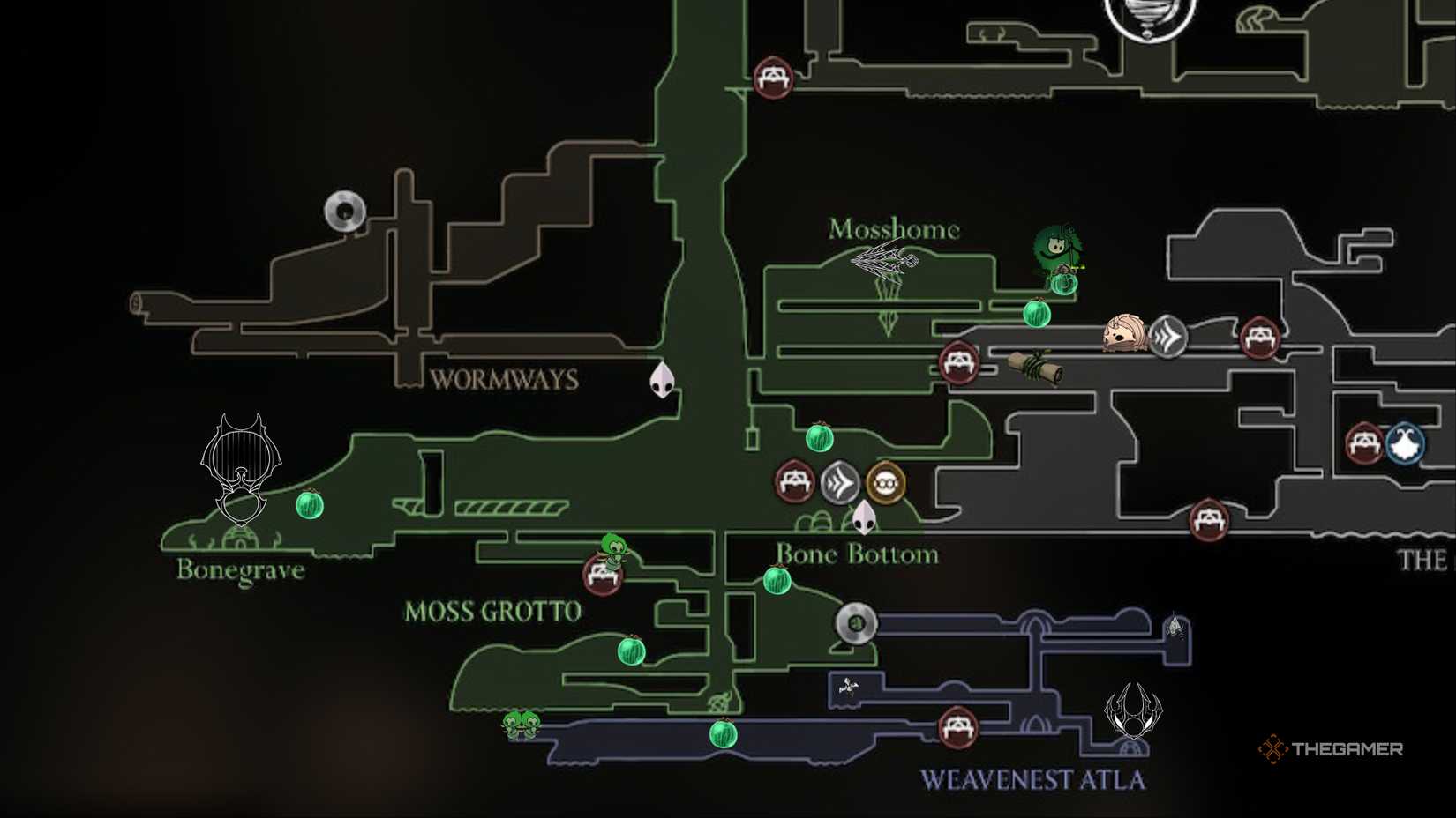 Mosslands Map shows all available items and Weavenest connection in Hollow Knight: Silksong.