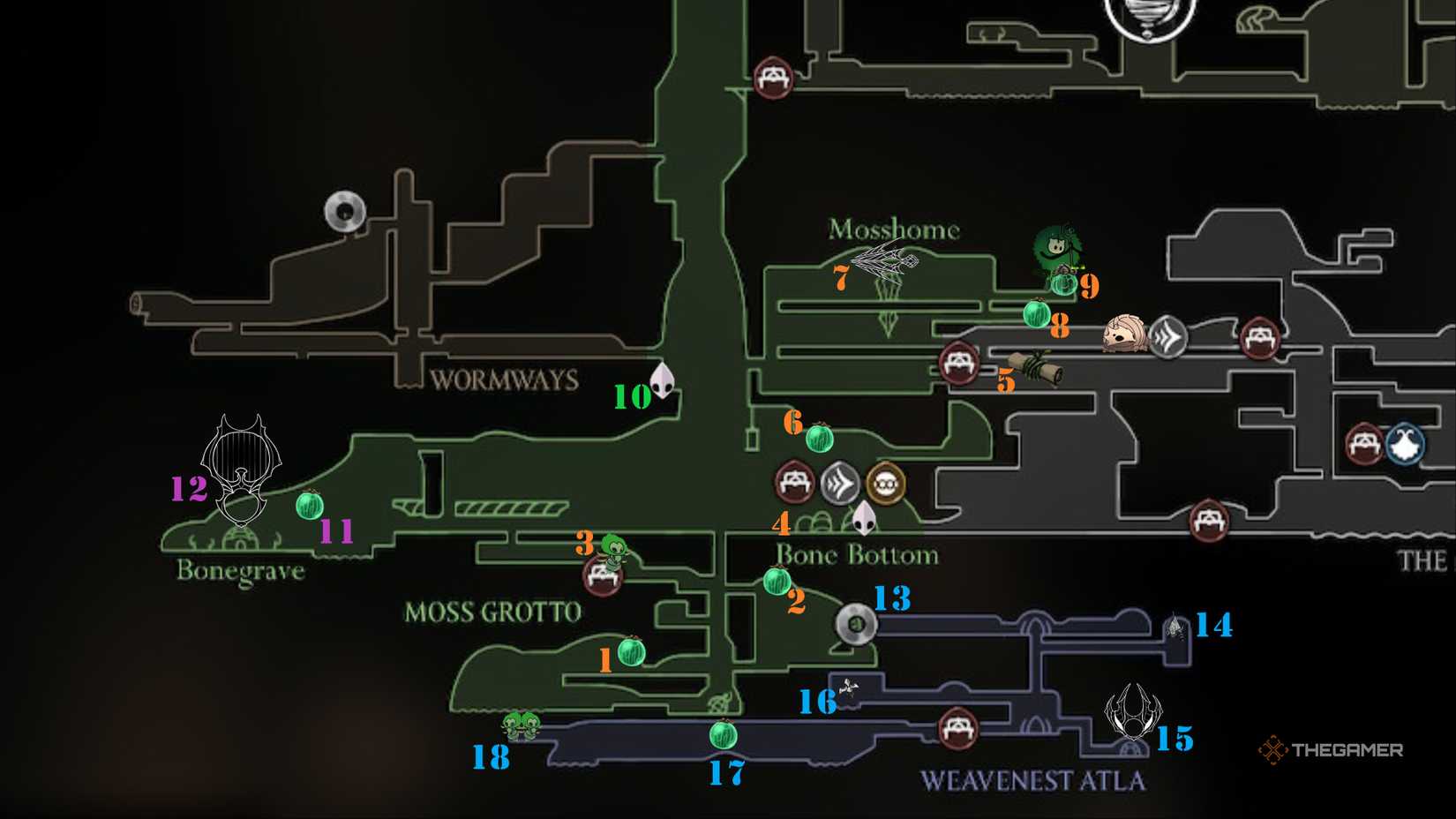 Mosslands Map shows marks for items and numbers for ideal progression in Hollow Knight: Silksong.