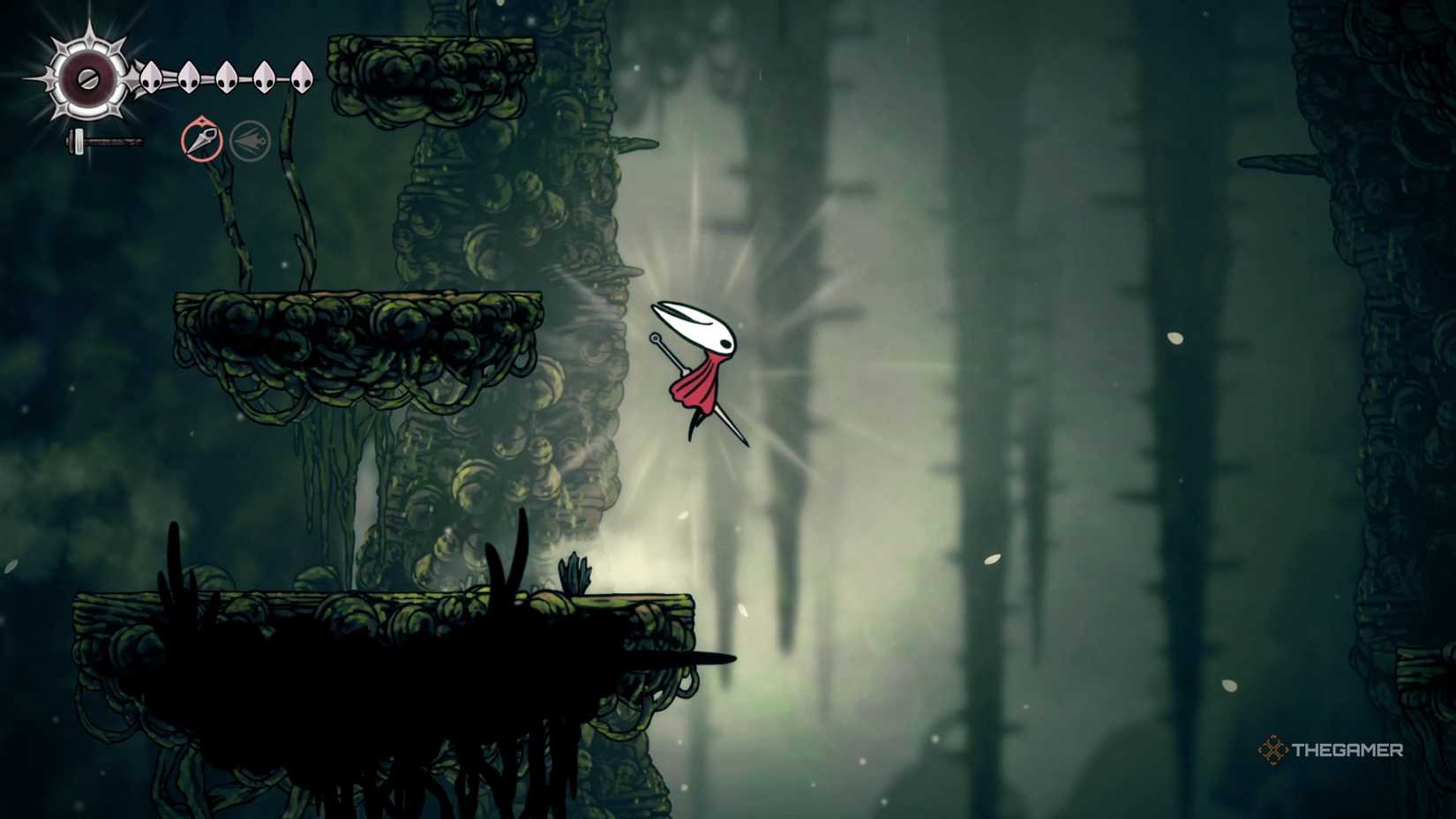 Hollow Knight Silksong moving high up in Shellwood.