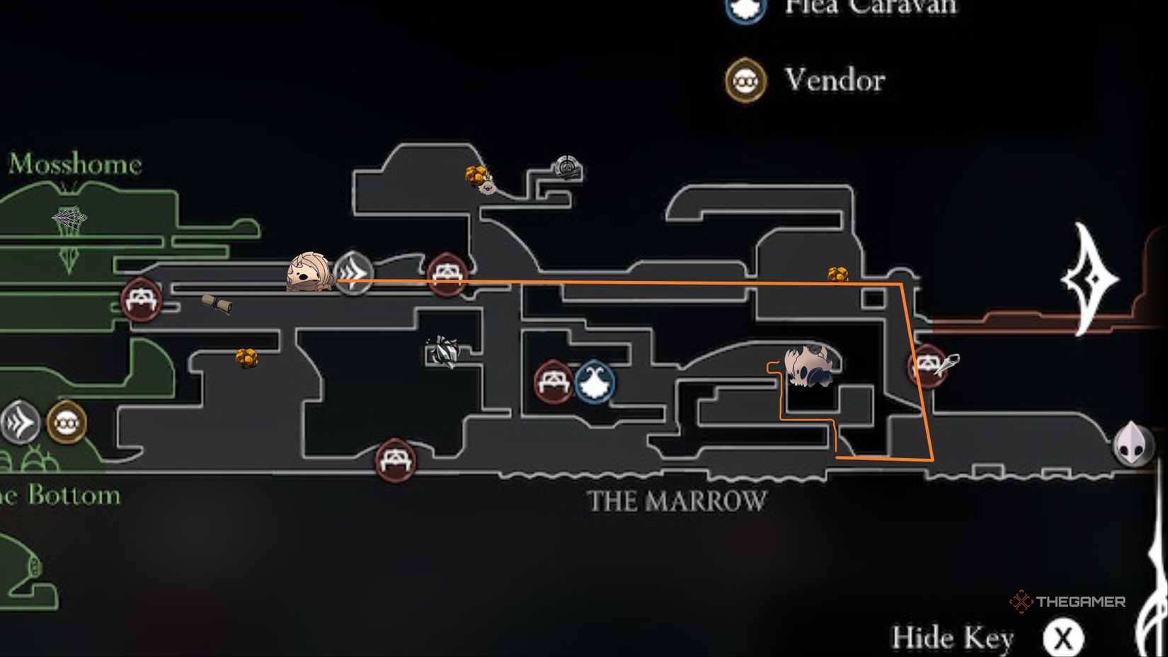 Map is marked with orange lines to show the path to the Skull Tyrant in Hollow Knight: Silksong.