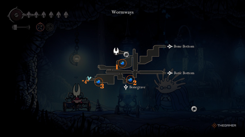 Map shows the three plasmium locations in the Wormways in Hollow Knight: Silksong.