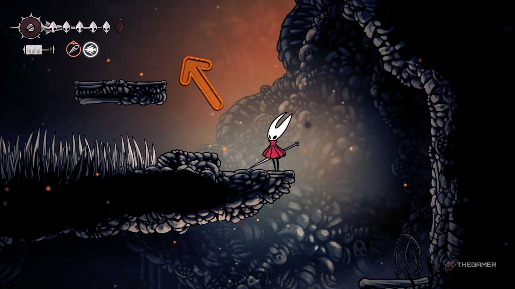 Hollow Knight Silksong pointing to the map's location in The Marrow.