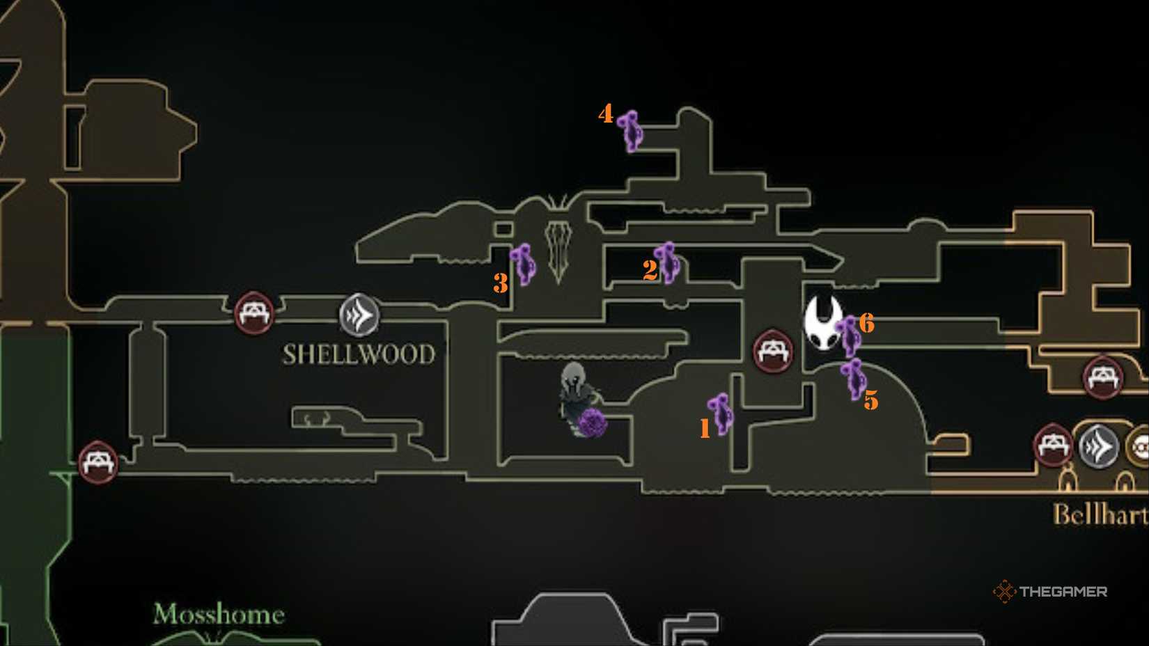 Map shows the locations of Pollip Hearts in number order in Hollow Knight: Silksong.