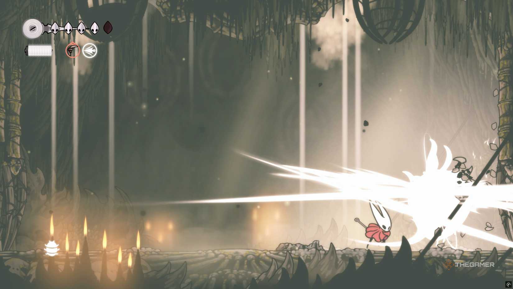 Hornet landing the finishing blow onto the Savage Beastfly in Hollow Knight: Silksong.