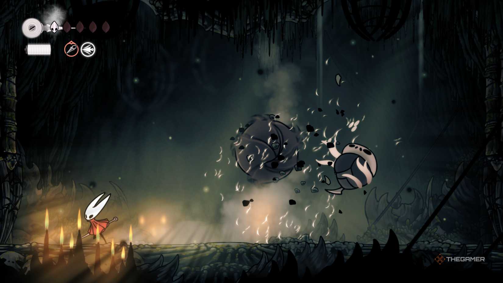 The Savage Beastfly performing its Ground Pound attack, killing one of its Vicious Caranid summon on impact in Hollow Knight: Silksong.