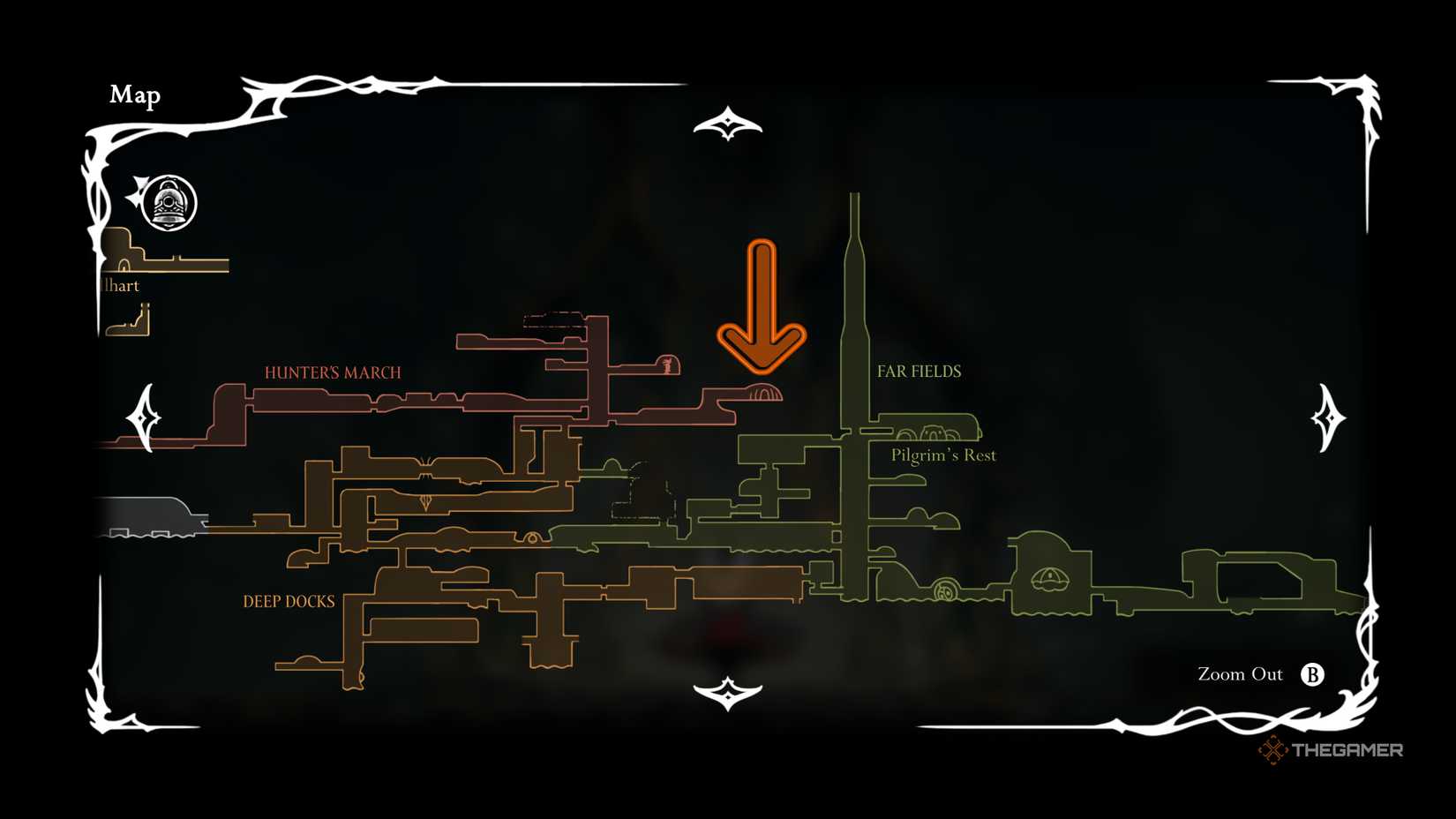 An overview of the Map in Hollow Knight: Silksong with an orange arrow pointing to the location of the Chapel of the Beast, where the Savage Beastfly resides.