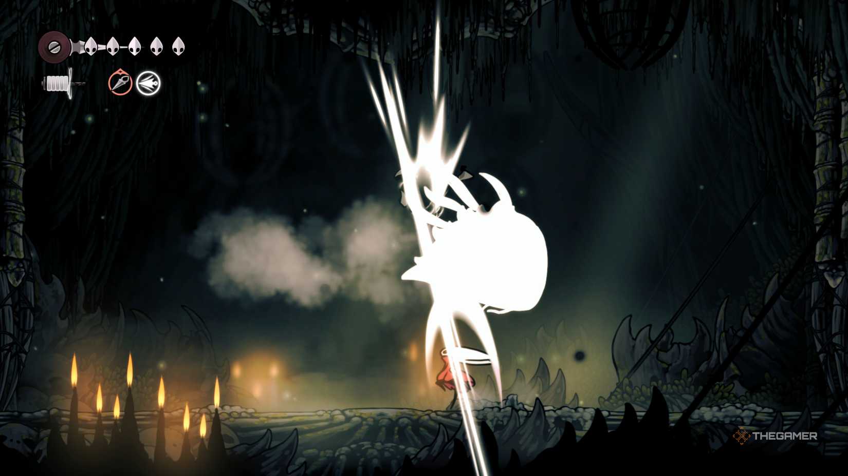 Hornet performing an upward slash on the Savage Beastfly, as it dashes across the middle of the screen in Hollow Knight: Silksong.