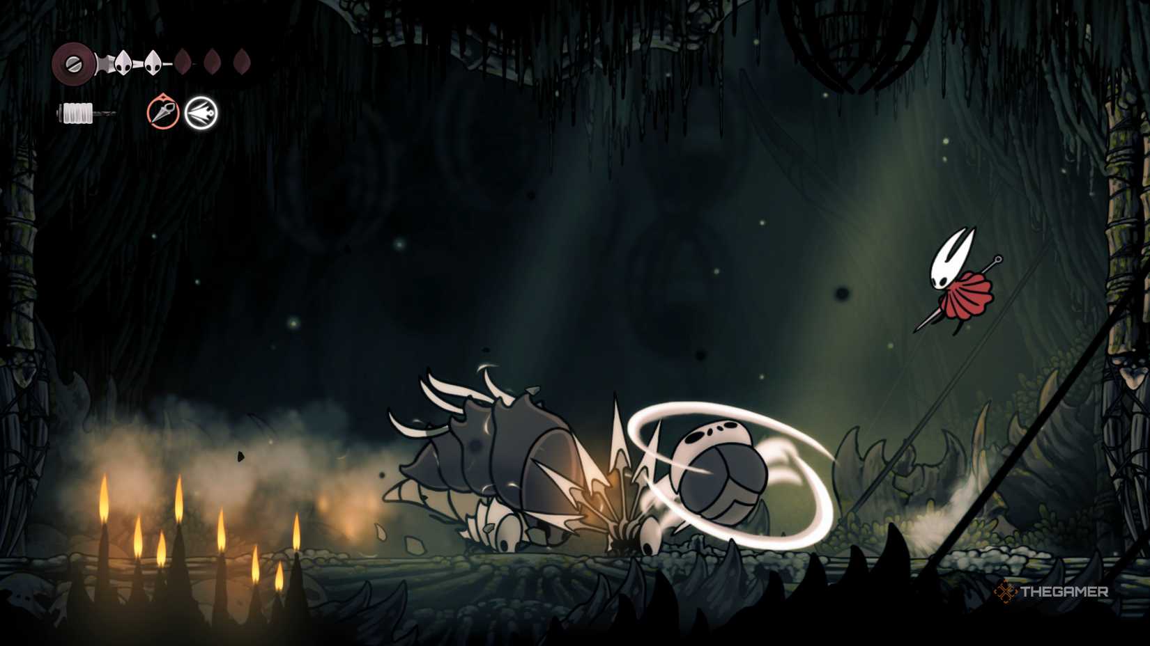 The Savage Beastfly charging toward a leaping Hornet with two Kiliks and a Vicious Caranid at its side in Hollow Knight: Silksong.