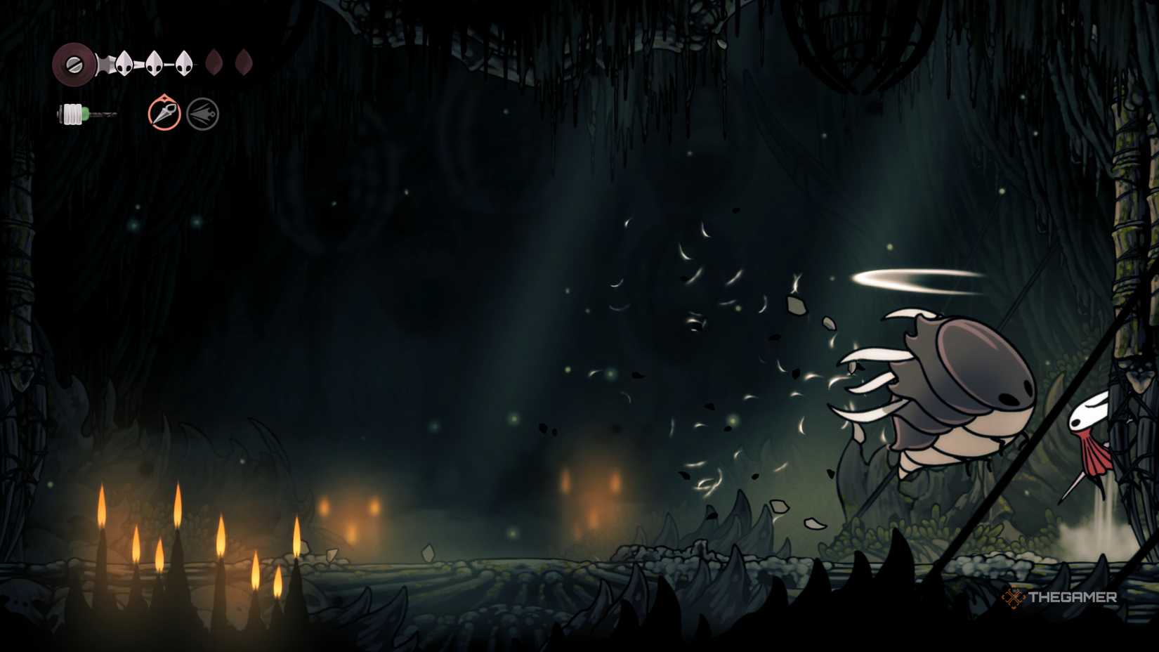 Hornet going for a leaping slash on a stunned Savage Beastfly in Hollow Knight: Silksong.