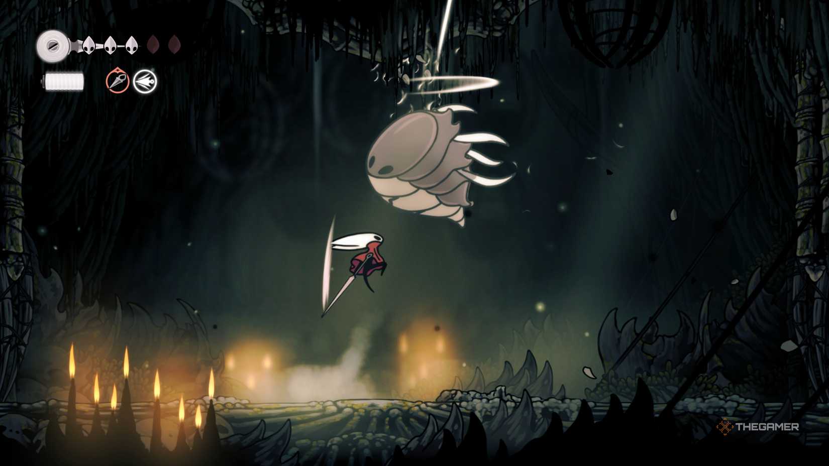 Hornet jumping up toward a stunned Savage Beastfly to land a series of uncontested strikes on it in Hollow Knight: Silksong.