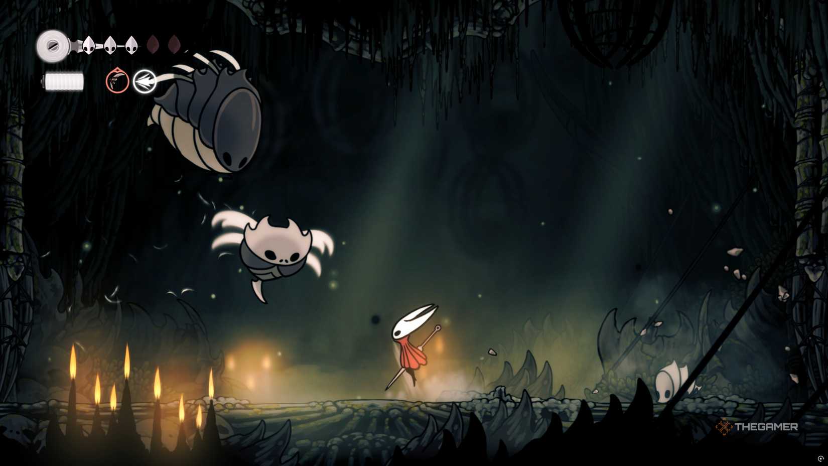 Hornet leaping toward a Vicious Caranid to perform a leaping attack, while the Savage Beastfly flies overhead and a Kirik is approaching behind her in Hollow Knight: Silksong.