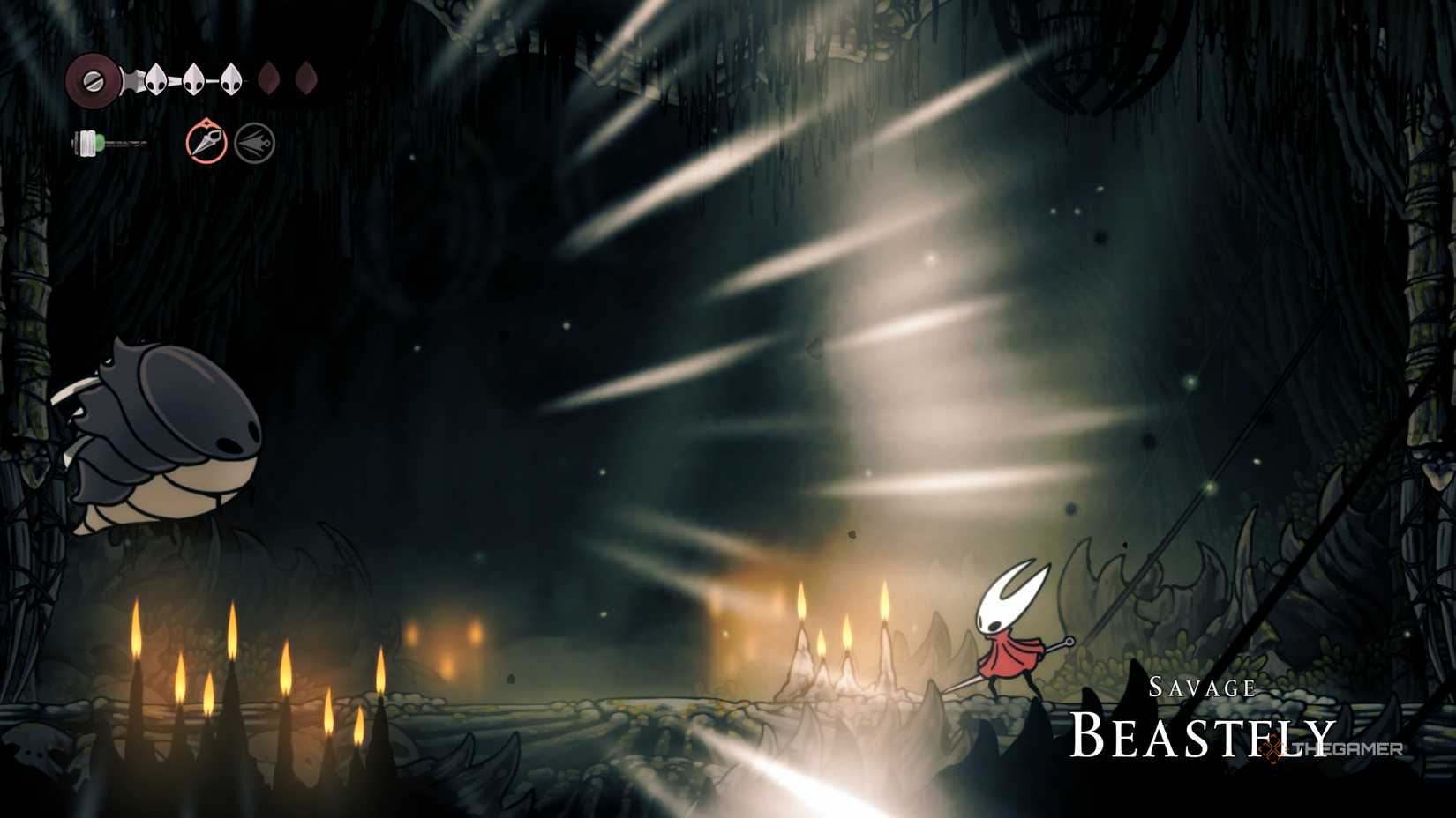Hornet squaring up against the Savage Beastfly as it lets out a deafening screech in Hollow Knight: Silksong.