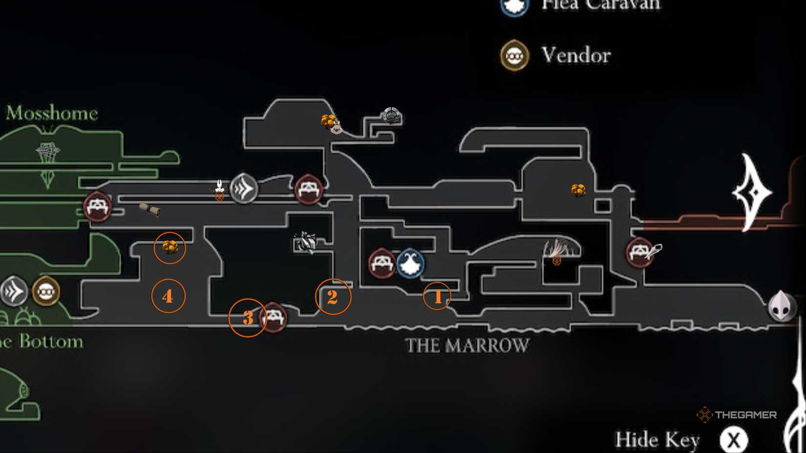 Map shows a numbered path leading to the location of the third flintbeetle in Hollow Knight: Silksong.