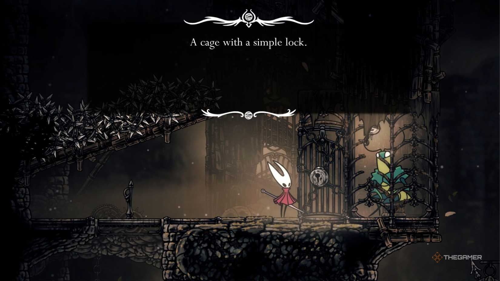 Hollow Knight Silksong standing in front of a simple lock.