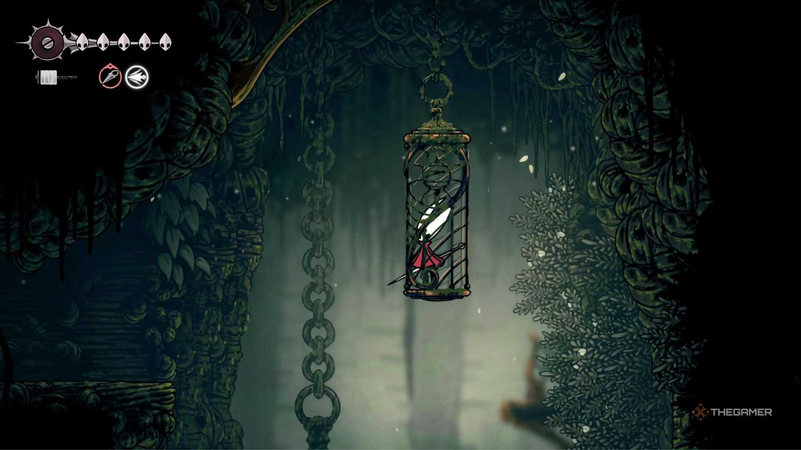 Hollow Knight Silksong taking the elevator in Shellwood.