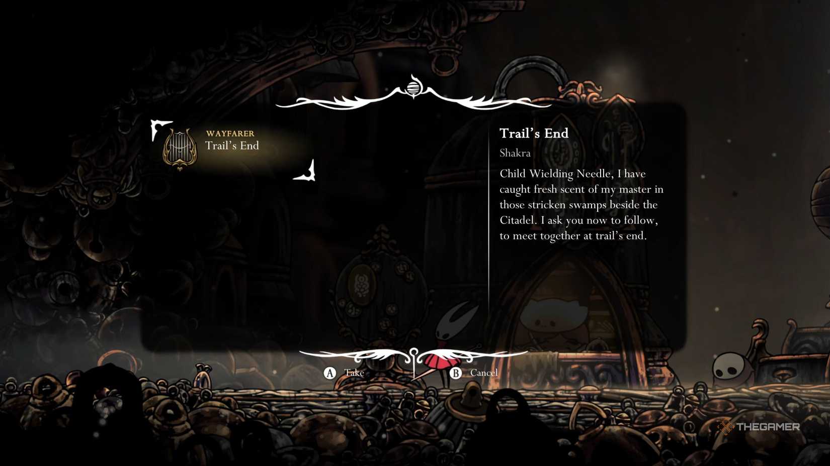 Hollow Knight Silksong taking the Trail's End quest.
