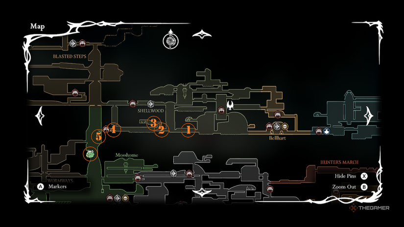 Map displays the path to find Tipp the Courier in Shellwood and the Mosslands in Hollow Knight: Silksong.