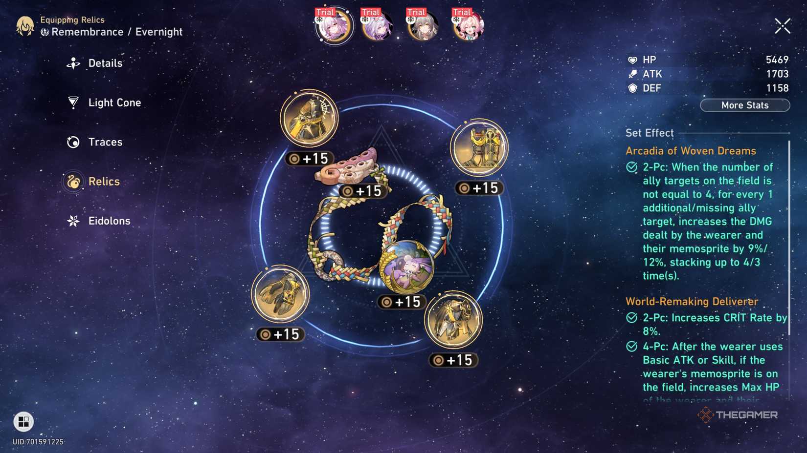 Honkai Star Rail Evernight with her best relics and planar ornaments.