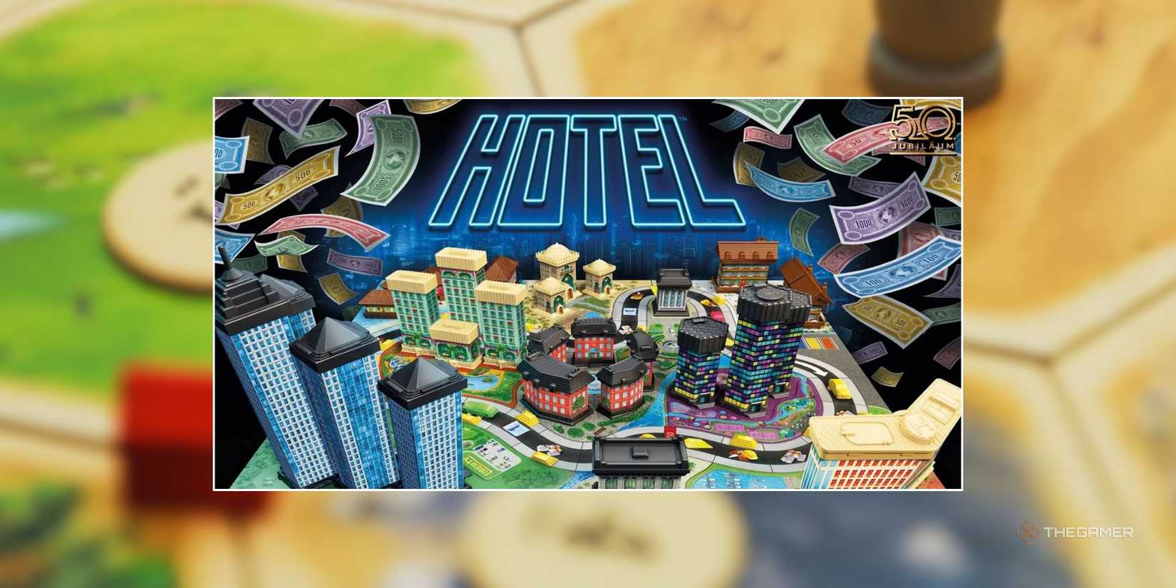 Hotel in front of a blurred image of a Catan board.