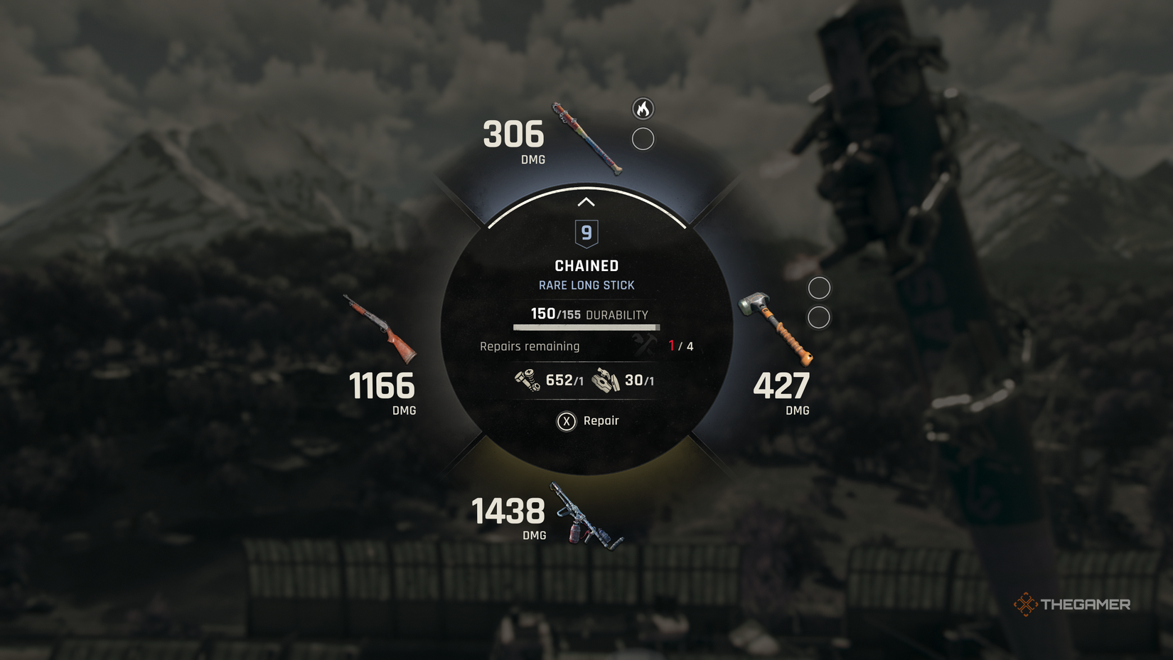 A weapon wheel showing a weapon needing repair in Dying Light: The Beast.