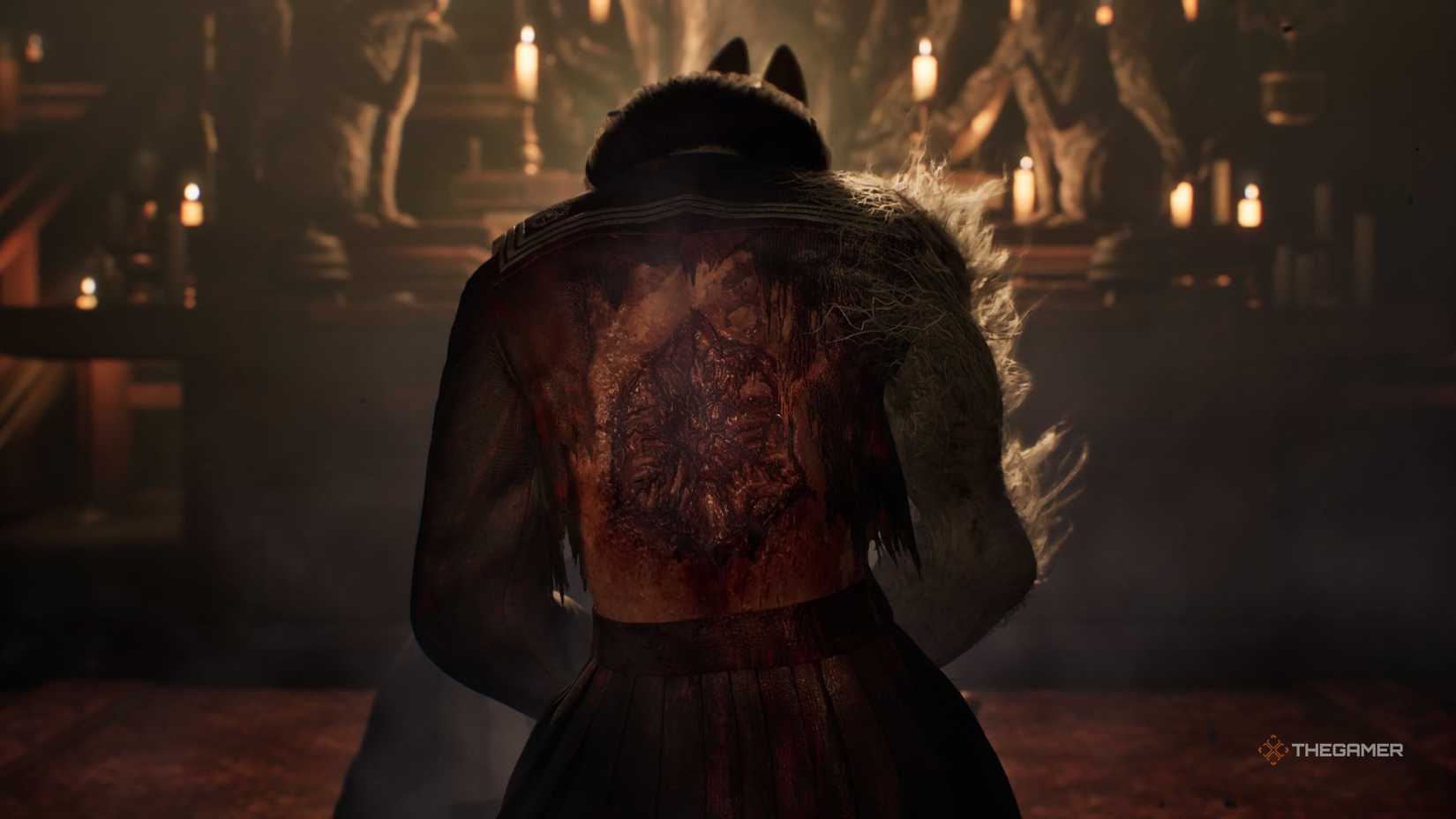 Himiko receives a brand in the dark world during Silent Hill f. 