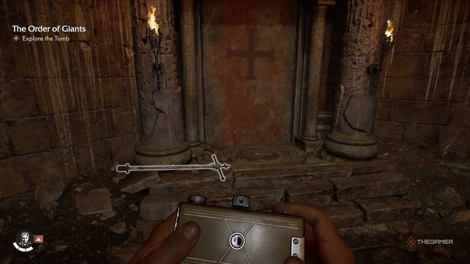 Indiana Jones and the Great Circle Order Of Giants Cross Scepter lying by a door.