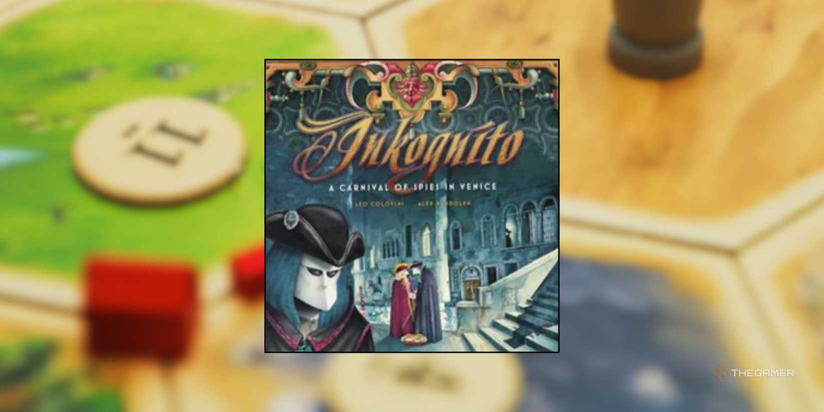 Inkognito in front of a blurred image of a Catan board.