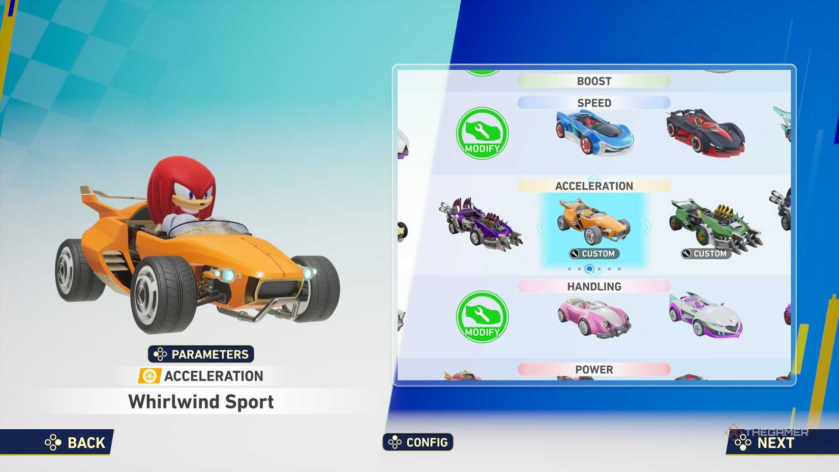 Knuckles in an acceleration vehicle in Sonic Racing CrossRoads.