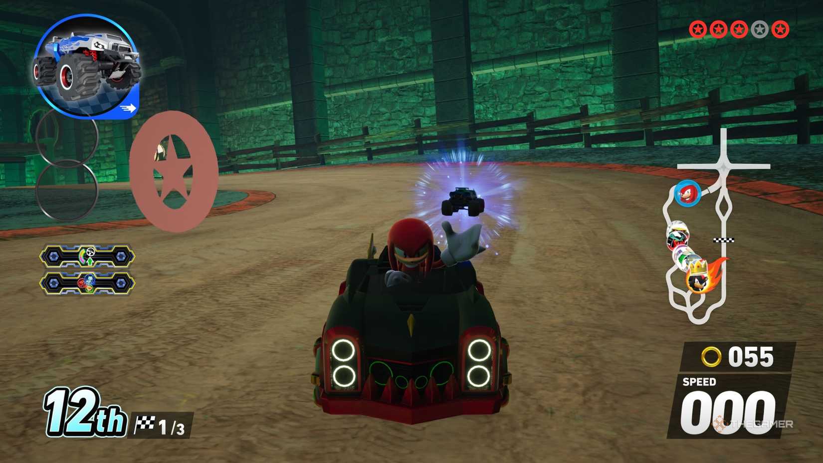 Knuckles in front of a Red Star Ring in Sonic Racing CrossWorlds.