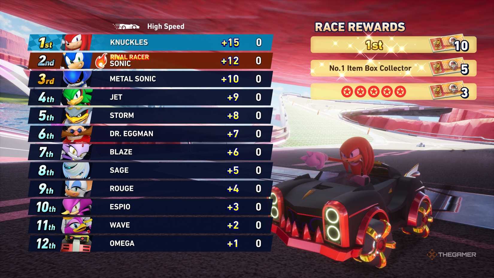 Knuckles winning a race in Sonic Racing CrossWorlds.