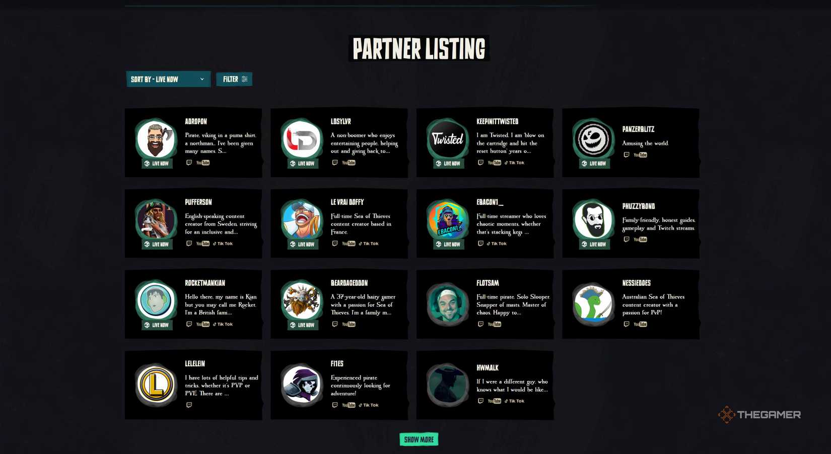 List of Twitch Partners on the Sea of Thieves Partner Listing website.