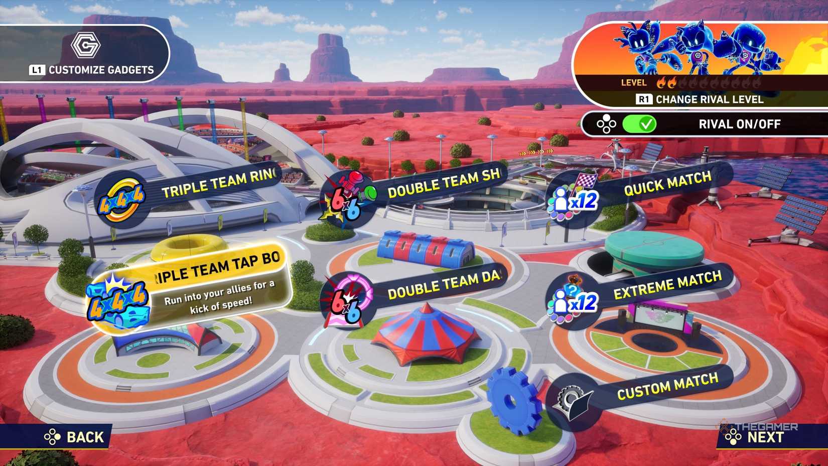 Main menu in Race Park in Sonic Racing CrossWorlds.