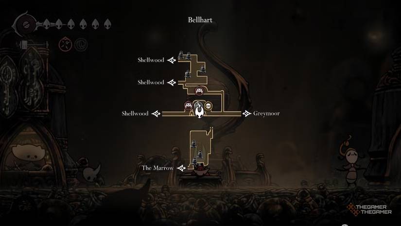 Map marked with bells shows the spawn points for silver bells within Bellhart in Hollow Knight Silksong.