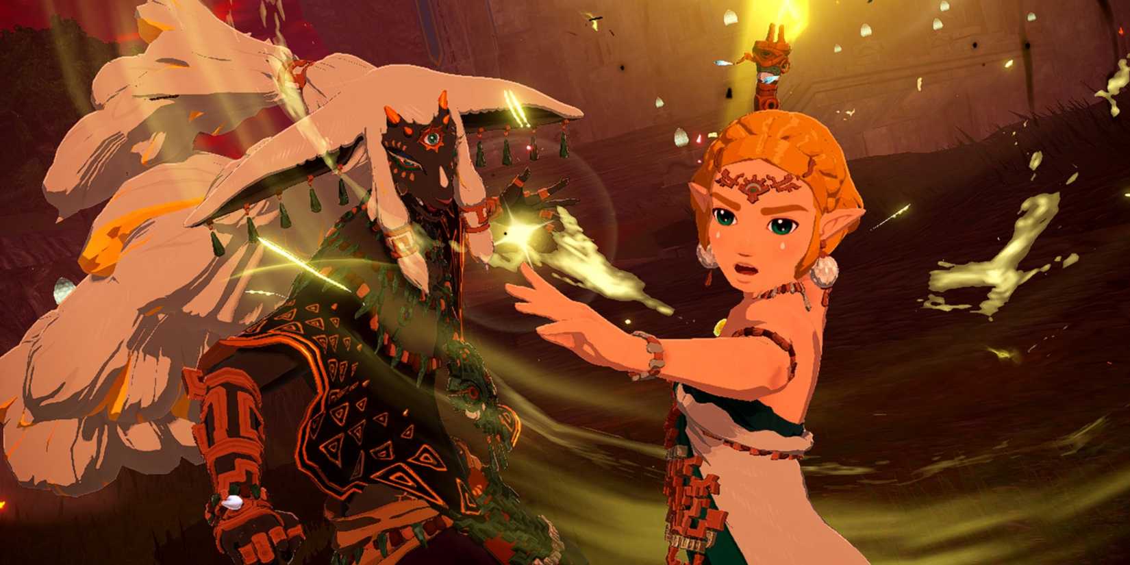 Zelda and Rauru unleash an attack in Hyrule Warriors: Age of Imprisonment. 