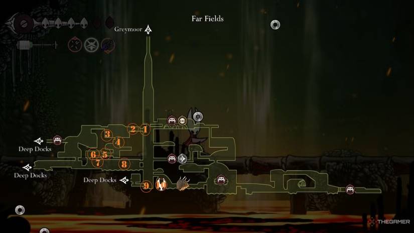 Map shows the numbered path of tracking locations that lead to the Far Fields Savage Beastfly in Hollow Knight: Silksong.