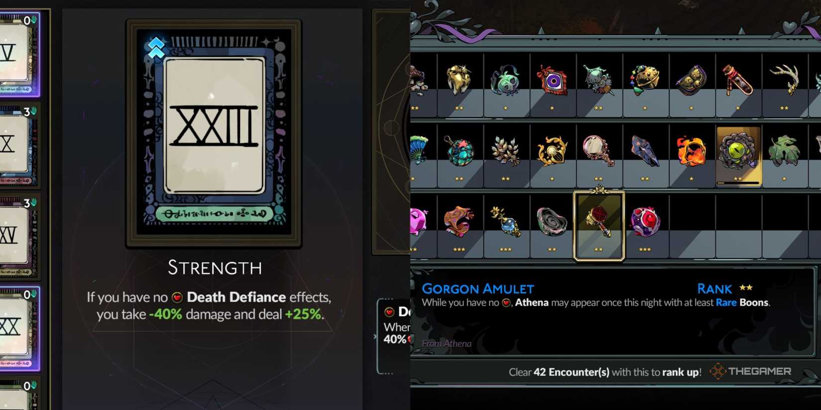 Player equips the Strength Arcana card and the Gorgon Amulet in Hades 2.