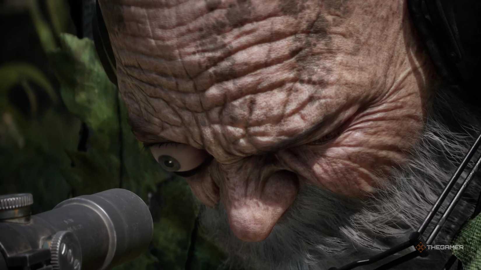 One of The End's eye bulges out in a truly horrific manner to give him a better view through his scope in Metal Gear Solid Delta Snake Eater.