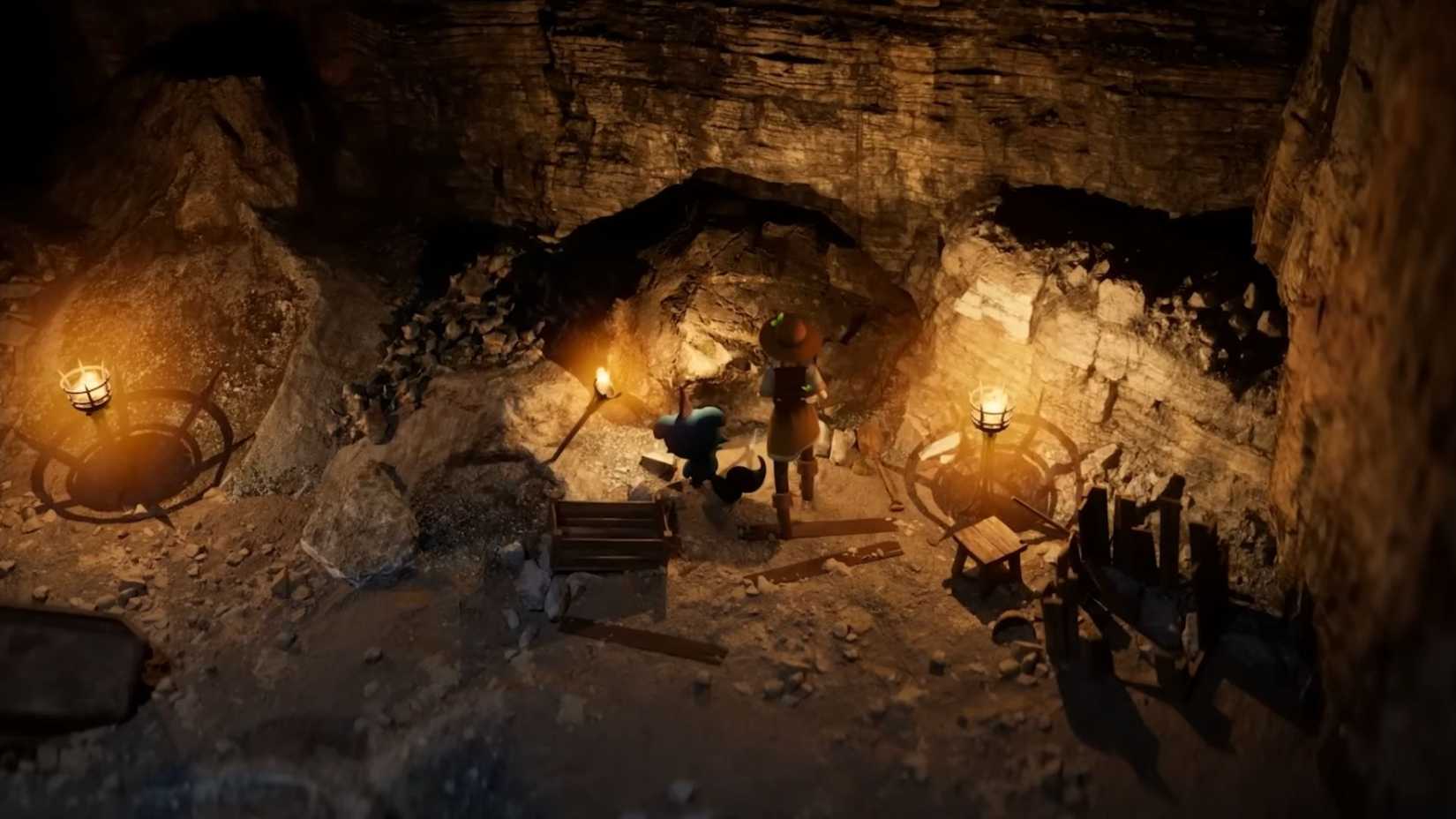 Palfarm's player mining in a cave.