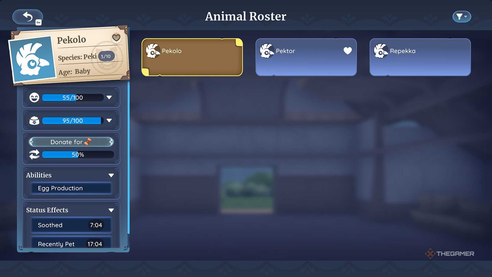 Palia Animal roster menu, listing three Peki chickens.